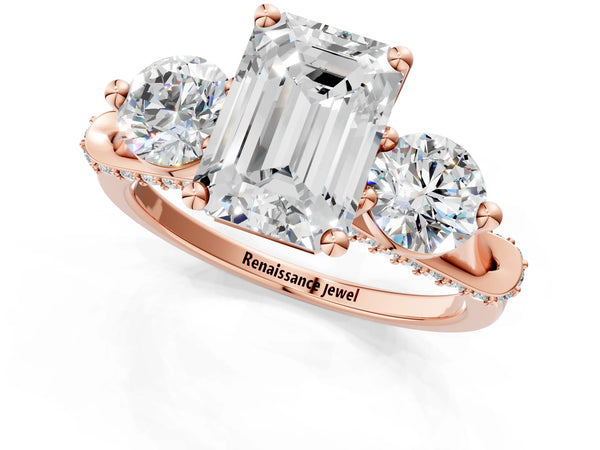 Rose gold Emerald Cut Diamond Three-Stone Ring with Prong Setting and Pavé Band
