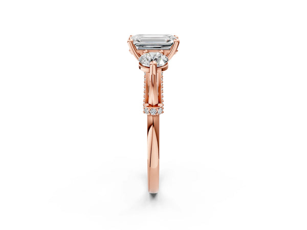 Rose gold Emerald Cut Diamond Three-Stone Ring with Prong Setting and Pavé Band