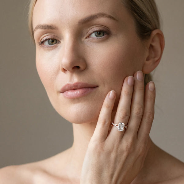 Rose gold Emerald Cut Diamond Twist Band Solitaire with Prong Setting