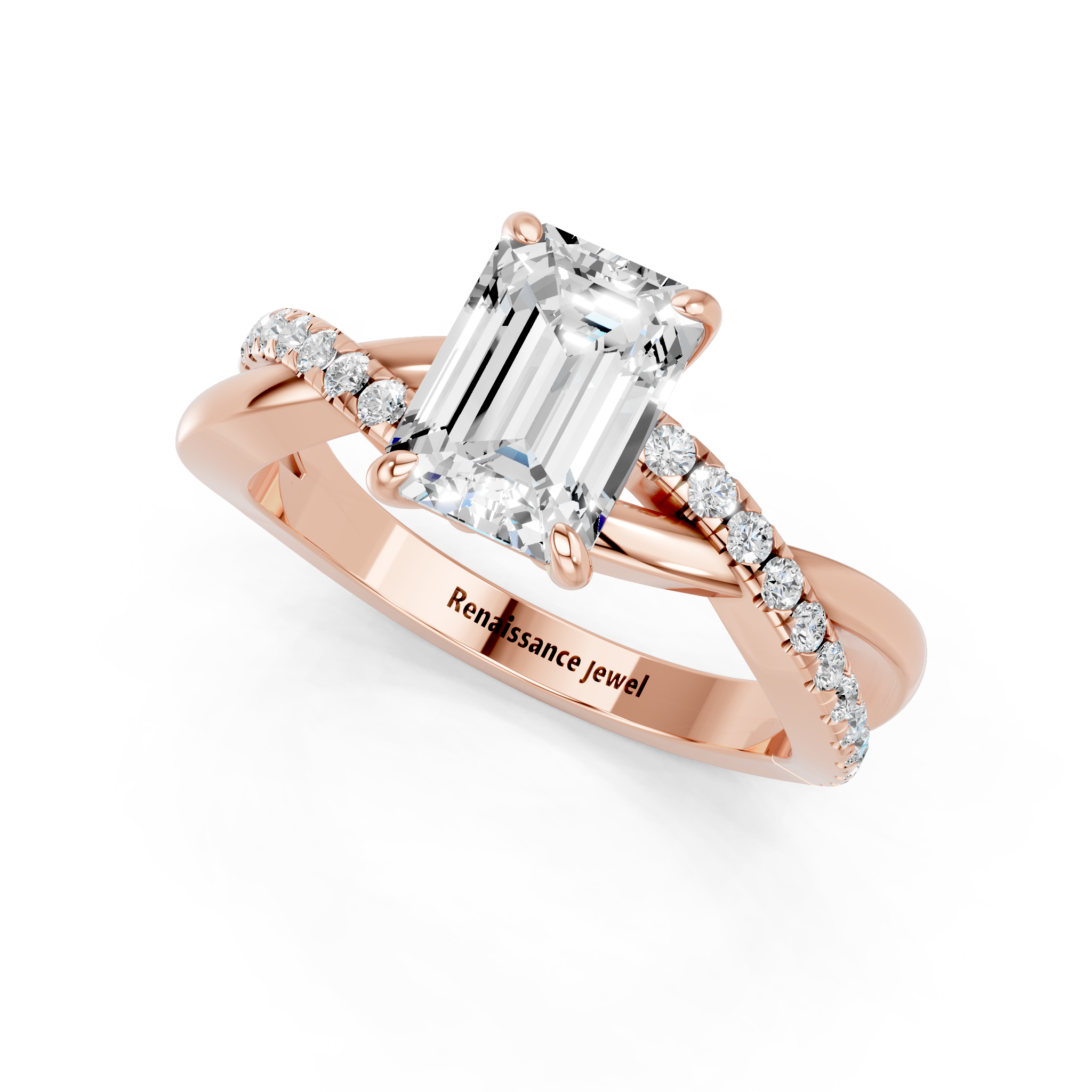 Rose gold Emerald Cut Diamond Twist Band Solitaire with Prong Setting_16