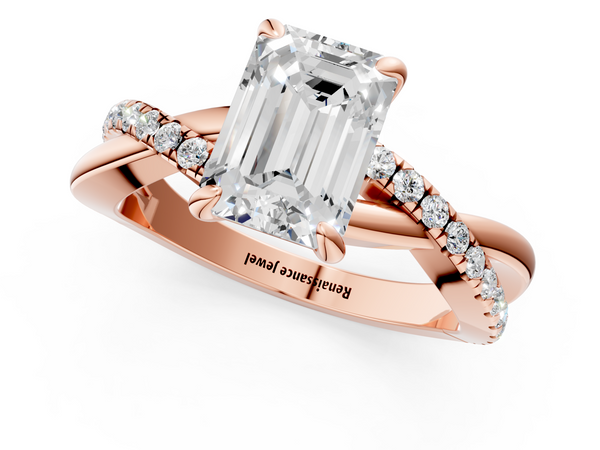 Rose gold Emerald Cut Diamond Twist Band Solitaire with Prong Setting