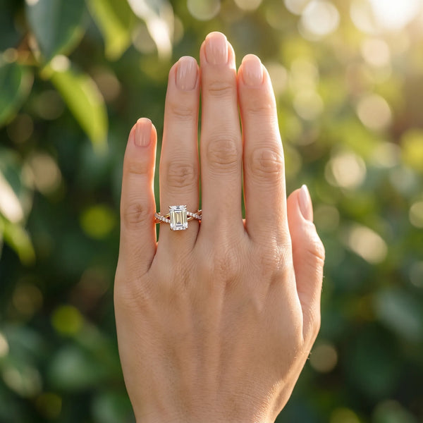 Rose gold Emerald Cut Diamond Twisted Band with Pavé Setting and Four-Prong Setting