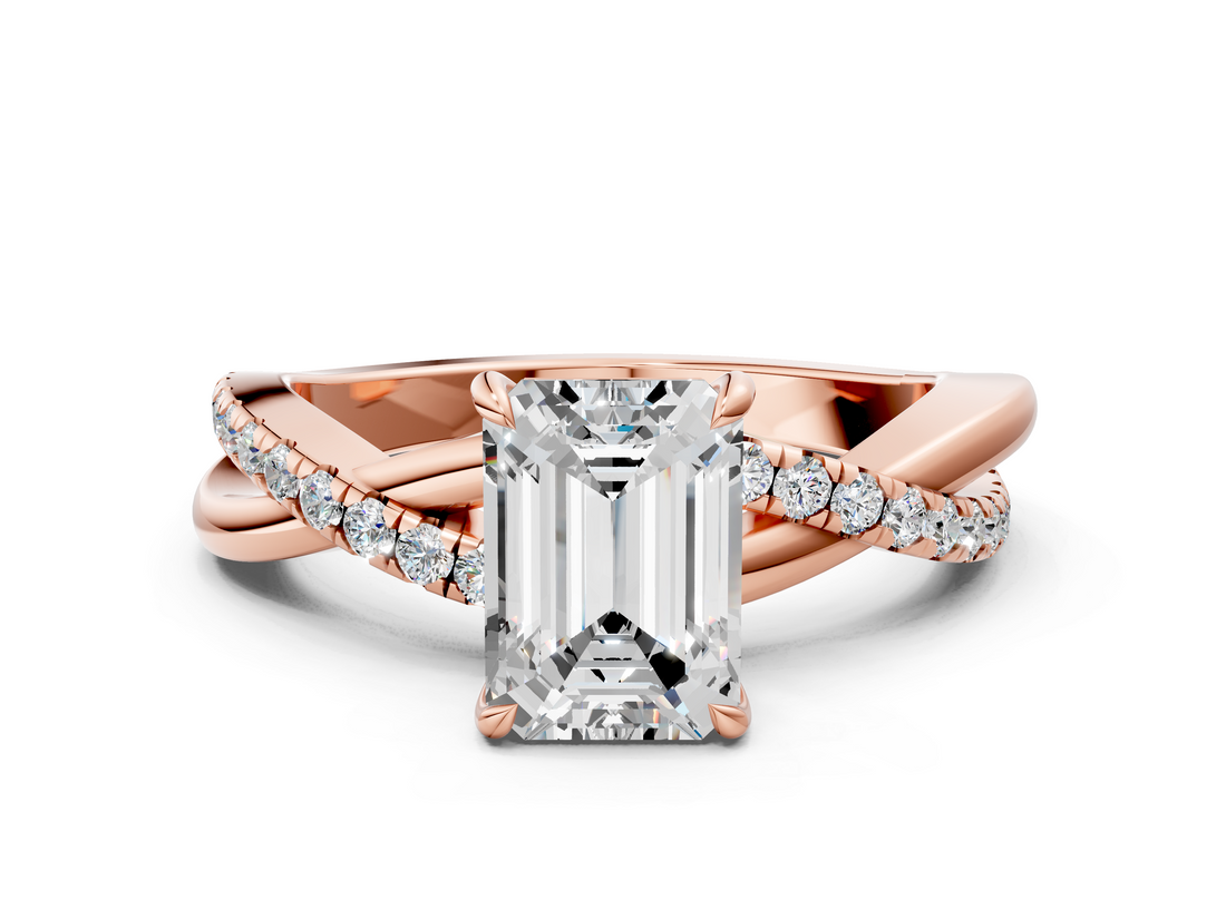 Rose gold Emerald Cut Diamond Twisted Band with Pavé Setting and Four-Prong Setting_33