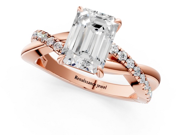Rose gold Emerald Cut Diamond Twisted Band with Pavé Setting and Four-Prong Setting