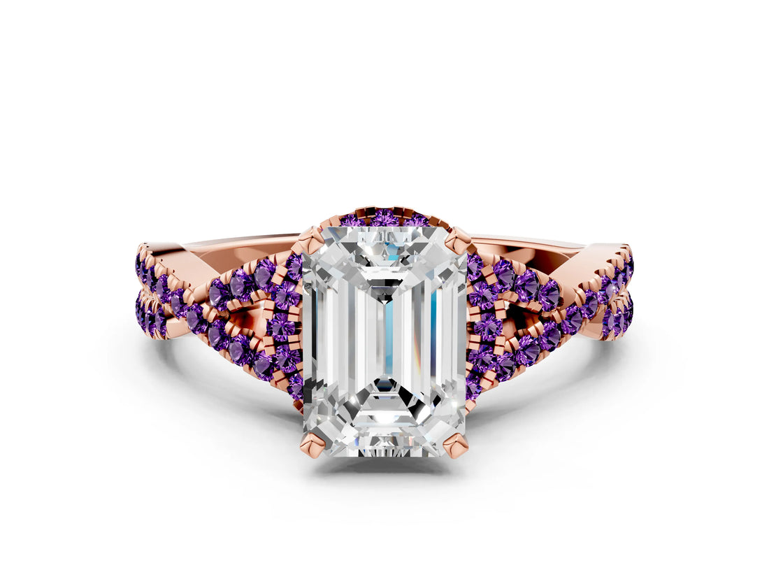 Rose gold Emerald Cut Diamond with Amethyst side stone Halo Twist Band Solitaire Prong Setting Ring_12