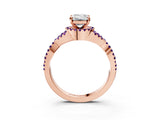 Rose gold Emerald Cut Diamond with Amethyst side stone Halo Twist Band Solitaire Prong Setting Ring_15