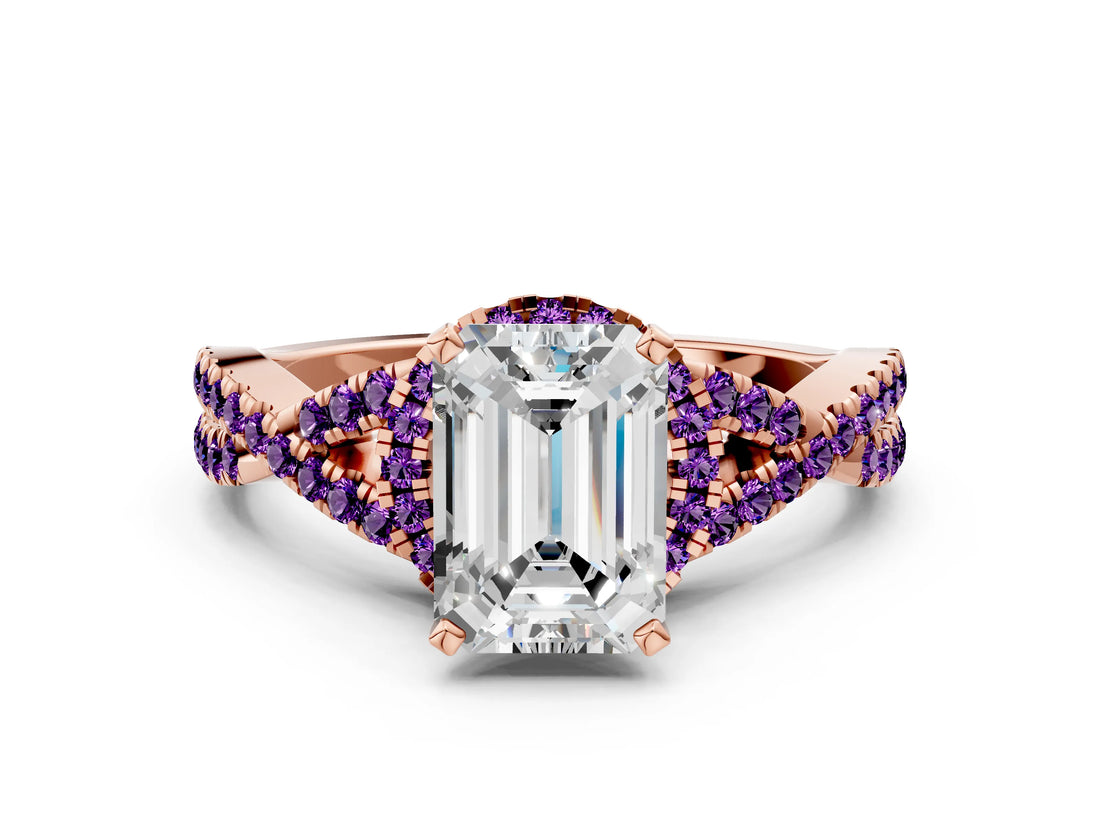 Rose gold Emerald Cut Diamond with Amethyst side stone Halo Twist Band Solitaire Prong Setting Ring_24