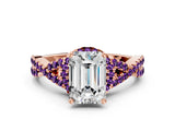 Rose gold Emerald Cut Diamond with Amethyst side stone Halo Twist Band Solitaire Prong Setting Ring_24
