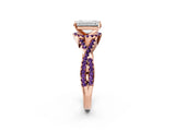 Rose gold Emerald Cut Diamond with Amethyst side stone Halo Twist Band Solitaire Prong Setting Ring_26