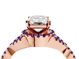 Rose gold Emerald Cut Diamond with Amethyst side stone Halo Twist Band Solitaire Prong Setting Ring_28