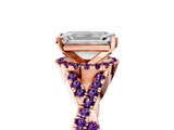 Rose gold Emerald Cut Diamond with Amethyst side stone Halo Twist Band Solitaire Prong Setting Ring_29