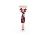 Rose gold Emerald Cut Diamond with Amethyst side stone Halo Twist Band Solitaire Prong Setting Ring_38