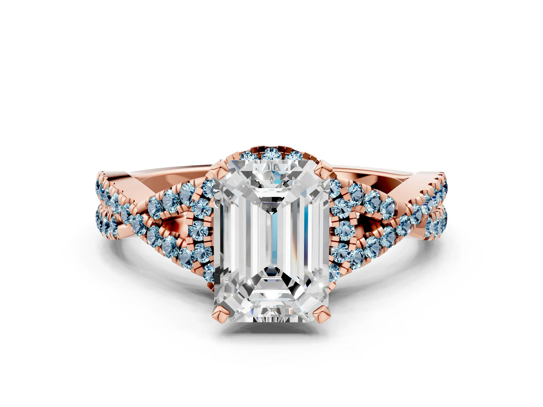 Rose gold Emerald Cut Diamond with Aquamarine side stone Halo Twist Band Solitaire Prong Setting Ring_12