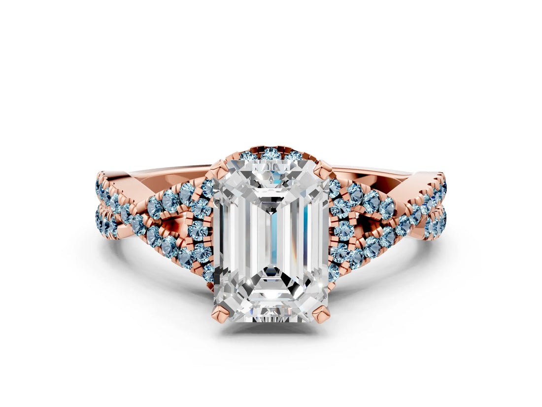 Rose gold Emerald Cut Diamond with Aquamarine side stone Halo Twist Band Solitaire Prong Setting Ring_24