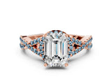 Rose gold Emerald Cut Diamond with Aquamarine side stone Halo Twist Band Solitaire Prong Setting Ring_24