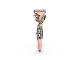Rose gold Emerald Cut Diamond with Aquamarine side stone Halo Twist Band Solitaire Prong Setting Ring_26