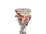 Rose gold Emerald Cut Diamond with Aquamarine side stone Halo Twist Band Solitaire Prong Setting Ring_29