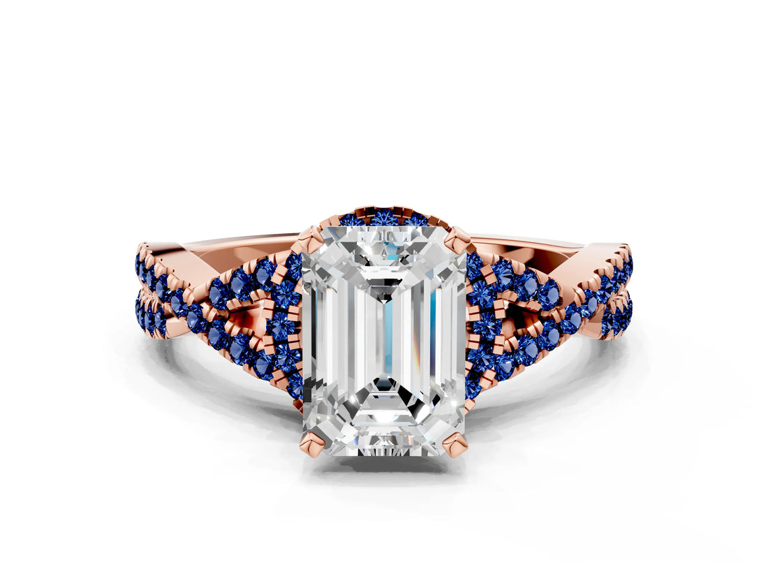 Rose gold Emerald Cut Diamond with Blue Sapphire side stone Halo Twist Band Solitaire Prong Setting Ring_12