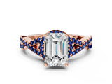 Rose gold Emerald Cut Diamond with Blue Sapphire side stone Halo Twist Band Solitaire Prong Setting Ring_12