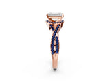 Rose gold Emerald Cut Diamond with Blue Sapphire side stone Halo Twist Band Solitaire Prong Setting Ring_14