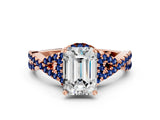 Rose gold Emerald Cut Diamond with Blue Sapphire side stone Halo Twist Band Solitaire Prong Setting Ring_36