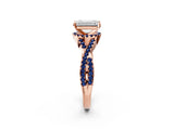 Rose gold Emerald Cut Diamond with Blue Sapphire side stone Halo Twist Band Solitaire Prong Setting Ring_38