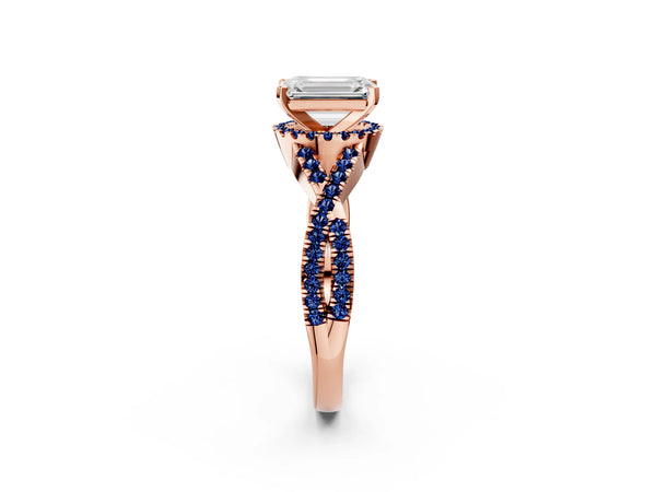Rose gold Emerald Cut Diamond with Blue Sapphire side stone Halo Twist Band Solitaire Prong Setting Ring