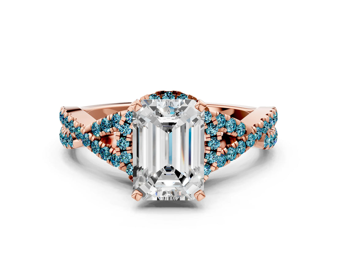 Rose gold Emerald Cut Diamond with Blue Topaz side stone Halo Twist Band Solitaire Prong Setting Ring_12