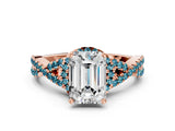 Rose gold Emerald Cut Diamond with Blue Topaz side stone Halo Twist Band Solitaire Prong Setting Ring_12