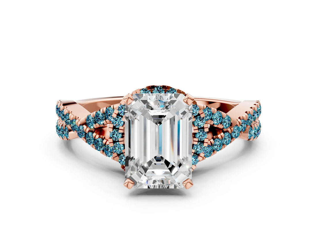 Rose gold Emerald Cut Diamond with Blue Topaz side stone Halo Twist Band Solitaire Prong Setting Ring_24