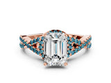 Rose gold Emerald Cut Diamond with Blue Topaz side stone Halo Twist Band Solitaire Prong Setting Ring_24