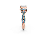 Rose gold Emerald Cut Diamond with Blue Topaz side stone Halo Twist Band Solitaire Prong Setting Ring_26