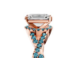 Rose gold Emerald Cut Diamond with Blue Topaz side stone Halo Twist Band Solitaire Prong Setting Ring_29