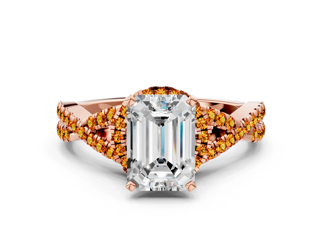 Rose gold Emerald Cut Diamond with Citrine side stone Halo Twist Band Solitaire Prong Setting Ring_12