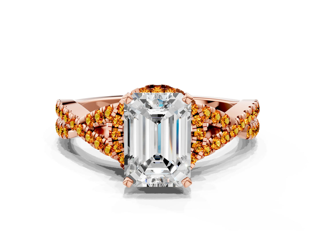 Rose gold Emerald Cut Diamond with Citrine side stone Halo Twist Band Solitaire Prong Setting Ring_24