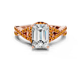 Rose gold Emerald Cut Diamond with Citrine side stone Halo Twist Band Solitaire Prong Setting Ring_24