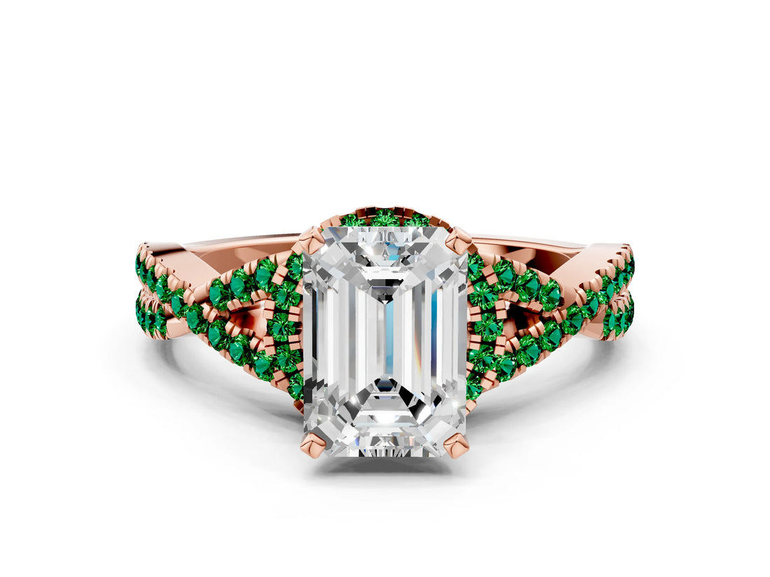 Rose gold Emerald Cut Diamond with Emerald side stone Halo Twist Band Solitaire Prong Setting Ring_12