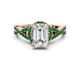 Rose gold Emerald Cut Diamond with Emerald side stone Halo Twist Band Solitaire Prong Setting Ring_12