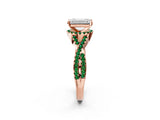 Rose gold Emerald Cut Diamond with Emerald side stone Halo Twist Band Solitaire Prong Setting Ring_14