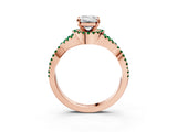 Rose gold Emerald Cut Diamond with Emerald side stone Halo Twist Band Solitaire Prong Setting Ring_15