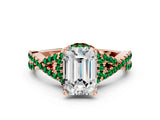 Rose gold Emerald Cut Diamond with Emerald side stone Halo Twist Band Solitaire Prong Setting Ring_24