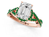 Rose gold Emerald Cut Diamond with Emerald side stone Halo Twist Band Solitaire Prong Setting Ring_25