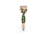 Rose gold Emerald Cut Diamond with Emerald side stone Halo Twist Band Solitaire Prong Setting Ring_26