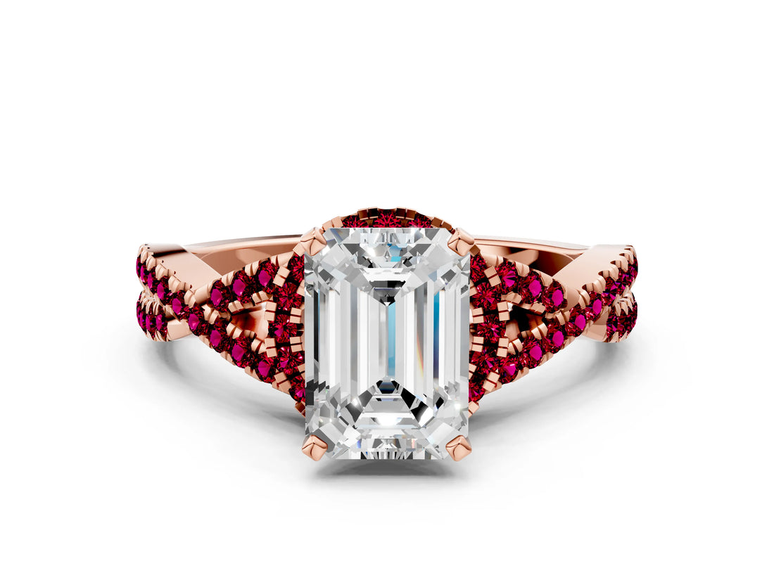 Rose gold Emerald Cut Diamond with Garnet side stone Halo Twist Band Solitaire Prong Setting Ring_12