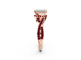 Rose gold Emerald Cut Diamond with Garnet side stone Halo Twist Band Solitaire Prong Setting Ring_14