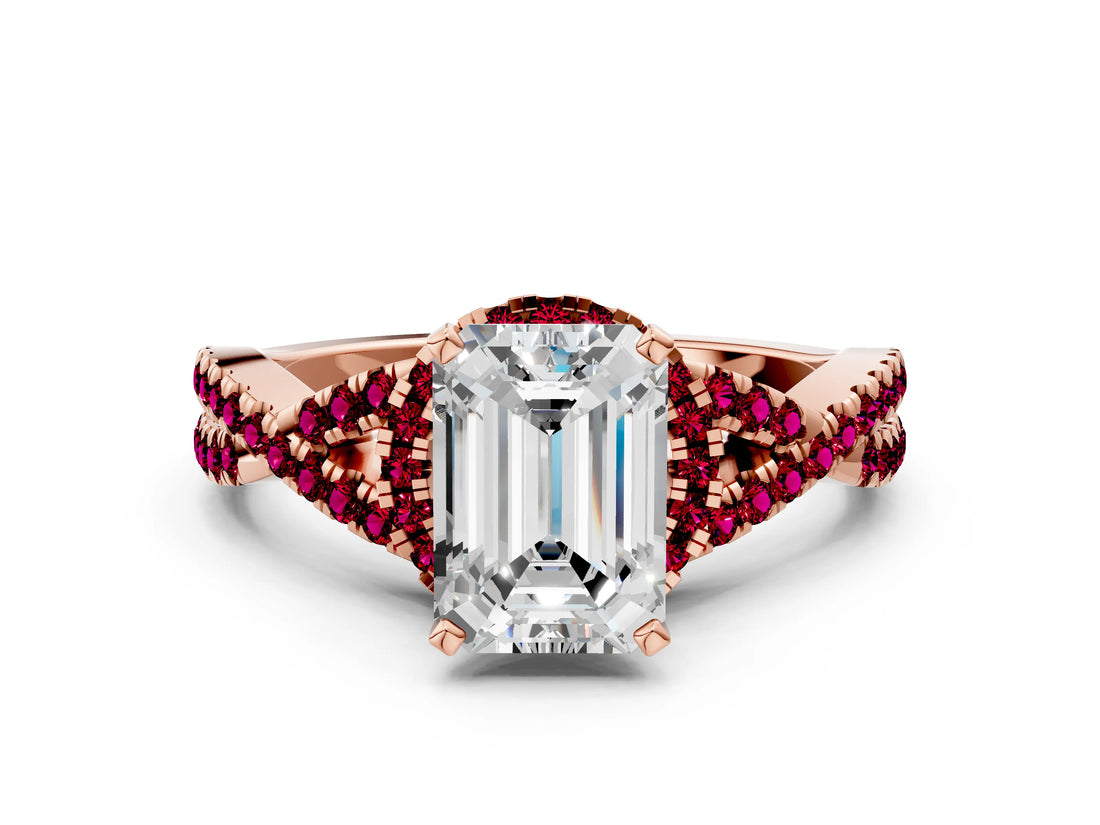 Rose gold Emerald Cut Diamond with Garnet side stone Halo Twist Band Solitaire Prong Setting Ring_24