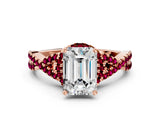Rose gold Emerald Cut Diamond with Garnet side stone Halo Twist Band Solitaire Prong Setting Ring_24