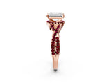 Rose gold Emerald Cut Diamond with Garnet side stone Halo Twist Band Solitaire Prong Setting Ring_26
