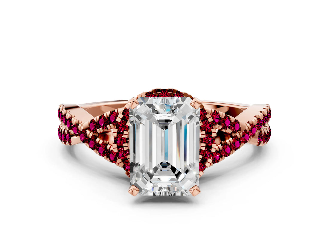 Rose gold Emerald Cut Diamond with Garnet side stone Halo Twist Band Solitaire Prong Setting Ring_36