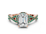 Rose gold Emerald Cut Diamond with Green Sapphire side stone Halo Twist Band Solitaire Prong Setting Ring_12